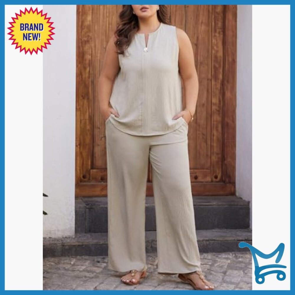 Plus Size Sleeveless Top Wide Leg Pants Matching Set Lounge Workout - Picture 5 of 7